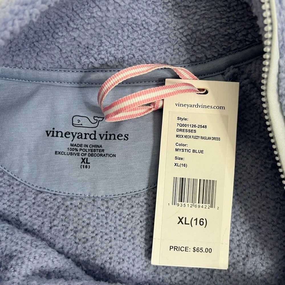 Vineyard Vines Girls Mock Neck Fuzzy Raglan Dress Blue Size XL 16 New with Tags